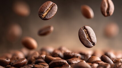 Fototapeta premium Roasted Coffee Beans Levitation: Aromatic, Rich, and Energizing for Coffee Shops and Product Marketing