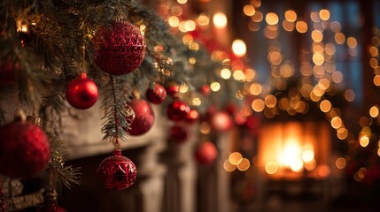Obraz premium Festive Christmas decorations with red ornaments and warm fire glow in a cozy atmosphere