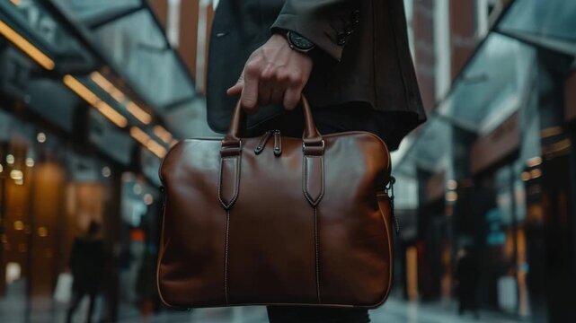 Businessman walking through modern city area with stylish brown leather briefcase in hand during evening hours