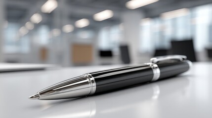 Fototapeta premium Elegant Black and Silver Pen Resting on a Modern Office Desk with a Blurred Background