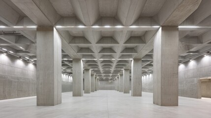 Obraz premium Modern Concrete Structure with Repeating Ceiling Pattern and Rows of Pillars, Ideal for Architectural Visualization