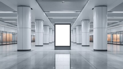 Obraz premium Modern Underground Hallway with Blank Advertisement Space on Billboard, Featuring Architectural Columns and Glass Walls