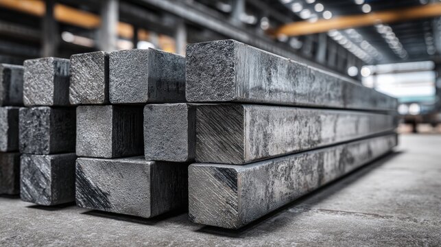 Stack of Square Steel Bars in a Metalworking Facility, Industrial Materials and Production Processes