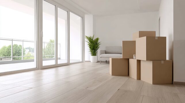 Bright, Airy Apartment with Moving Boxes: Relocation, Real Estate, and New Beginnings Concept