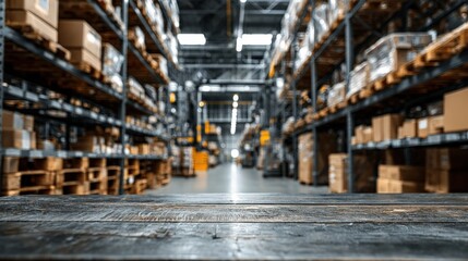 Fototapeta premium Warehouse Interior with Shelves Stocked with Goods and Empty Wooden Table Top Foreground