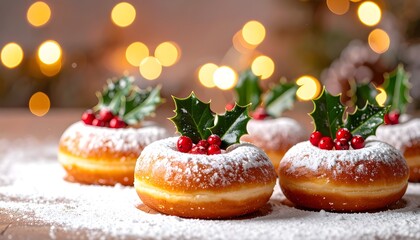 Christmas donuts decorated with tiny Christmas trees and holly leaf candies, powdered sugar covered and displayed on a bokeh background