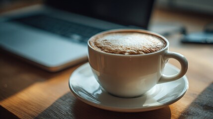 Fototapeta premium Morning Coffee Cup with Laptop on Wooden Desk: A Lifestyle Business Concept