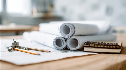 Architectural Blueprints Rolled on Wooden Table with Drawing Tools and Notepad for Design Planning