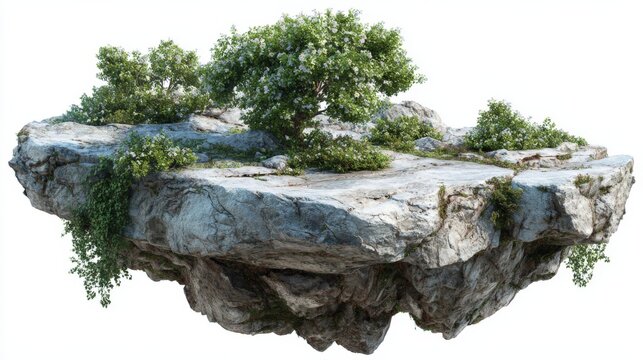 Floating Island with Lush Greenery, Isolated on White Background, Fantasy Landscape Element