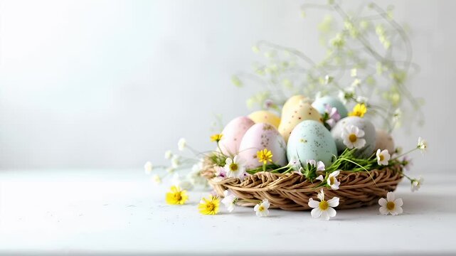 Easter bunny. A closeup of a basket filled with pastelcolored Easter eggs and flowers. The eggs are speckled with various patterns and colors, including red, yellow, green, and blue.