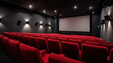 Obraz premium Empty Movie Theater Auditorium with Red Seats and a Large Screen Ready for the Show