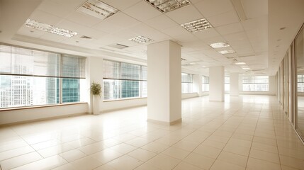 Obraz premium Bright and Spacious Empty Office Interior with Large Windows and Modern Design Elements