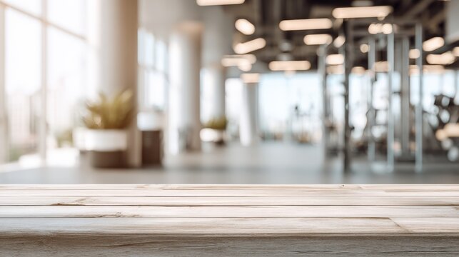 Wooden Tabletop with Blurred Modern Gym Background for Product Placement and Fitness Advertising