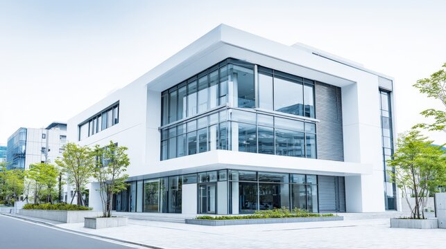 Modern white office building exterior with glass windows and architectural design in daylight
