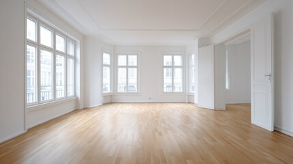 Obraz premium Bright, Empty Room with Hardwood Floors and Large Windows, Ready for Interior Design