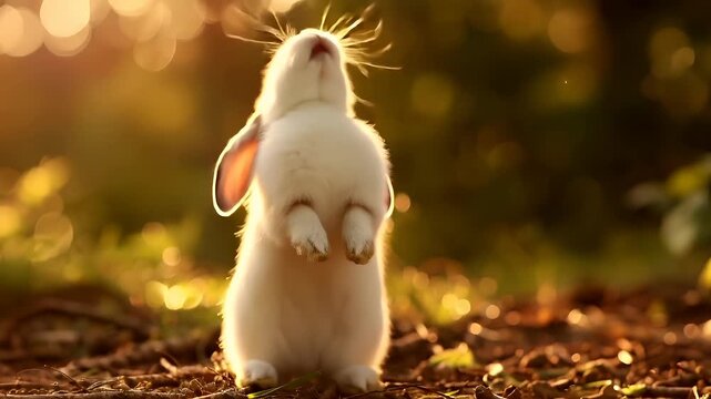 Easter bunny. A closeup shot of a white rabbit in a natural setting during what appears to be the golden hour. The rabbit is captured midstride, with its ears perked up.