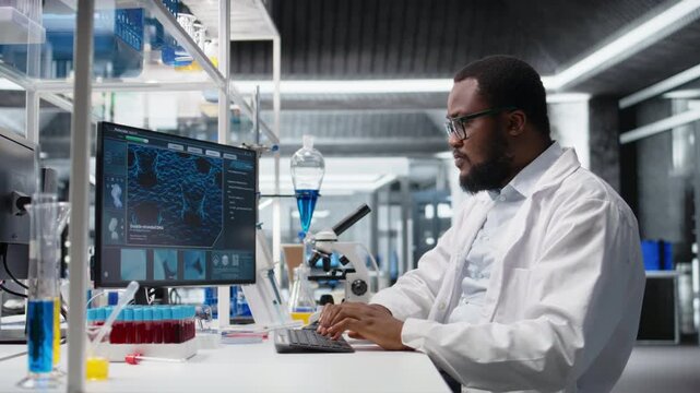 Laboratory worker squinting eyes at computer monitor, struggling to understand DNA data. African american lab expert unable to believe eyes while looking at genetic analysis diagnostics, camera A