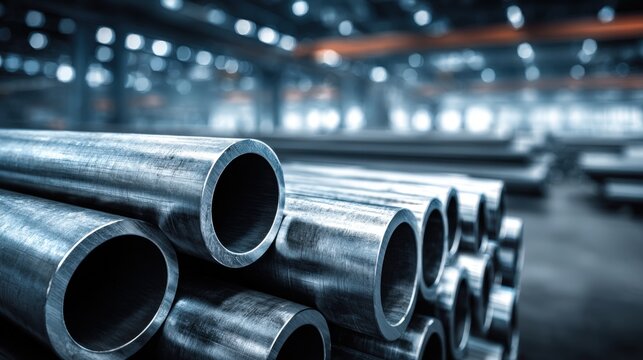 Steel Pipes in Factory: Metal Industry, Construction Materials, Manufacturing, and Industrial Applications