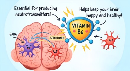 Vitamin B6 Benefits for Brain Health and Neurotransmitter Production - Educational Infographic Showing GABA and Serotonin Function with Cute Cartoon Neurons and Deficiency Warning