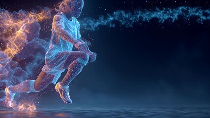 Dynamic energy figure kicking a glowing soccer ball in futuristic digital space with sparkling particle effects - Powered by Adobe