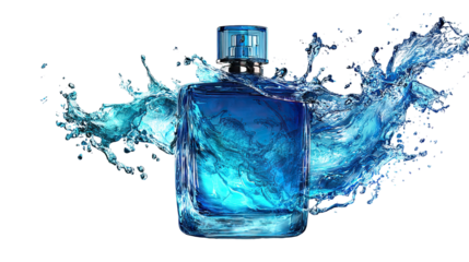 Hyper-realistic luxury blue glass perfume bottle glowing on transparent background