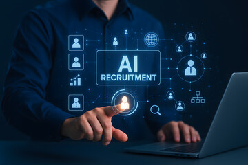 Businessman using futuristic AI recruitment interface with holographic human resource management and candidate selection data