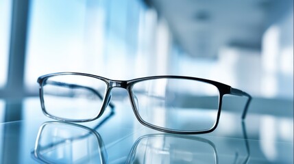 Modern Eyeglasses on Reflective Surface with Blurred Background, Illustrating Vision Correction and Contemporary Style