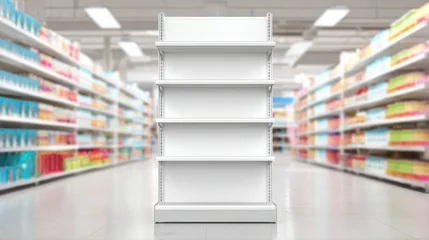 Fototapete Gondeln Empty White Supermarket Gondola Shelving Display in Retail Environment Mockup for Product Placement  © Generative AI