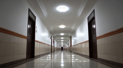 Long Interior Hallway Perspective with Doors and Overhead Lighting in Commercial or Residential Building