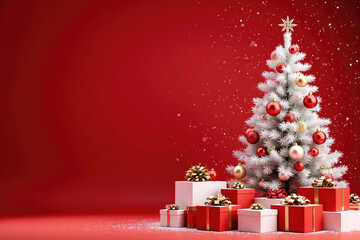 Red Background Christmas Scene with White Tree, Red Gold Ornaments and Gift Boxes