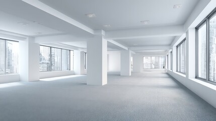 Fototapeta premium Bright and Spacious Empty Office Interior with Large Windows and Minimalist Design for Commercial Real Estate
