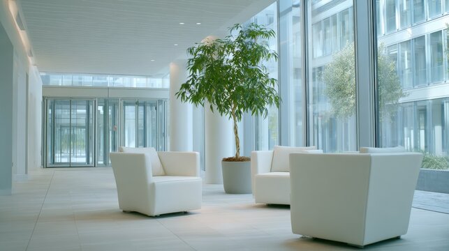 Modern Office Lobby with Comfortable Seating and Natural Light, Promoting Relaxation and Productivity - Powered by Adobe