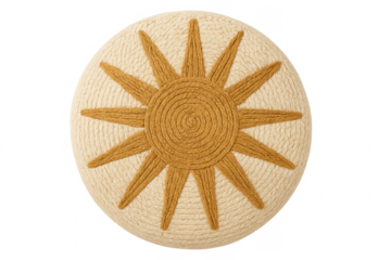 Round rope pouf with sun-like motif, neutral color interior decor