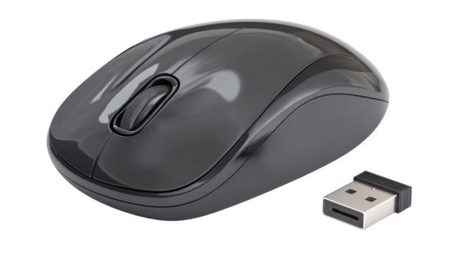 Black wireless computer mouse and usb receiver isolated on transparent background