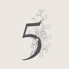 bicycle symbol vector Displays the number "5" integrated with floral elements. Full-frame composition, beige-gray tone. Artistic style