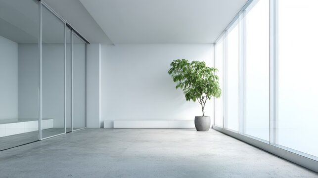Minimalist interior with potted plant by windows and a glass partition, ideal for architectural visualization and design concepts