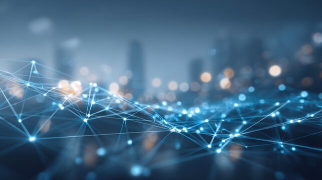 Abstract Network Connection with Cityscape Background Illustrating Connectivity, Communication, and Modern Technology Solutions