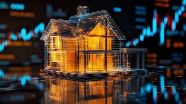 Futuristic real estate technology hologram, Housing market financial data visualization, Digital wireframe property investment analysis