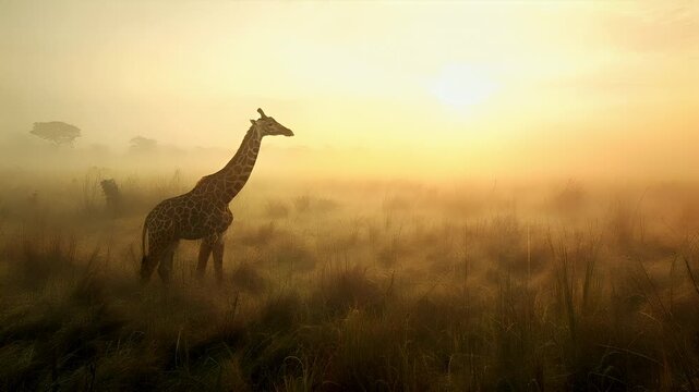 A giraffe grazes in a misty savannah during sunset. The giraffe is captured in a side profile, with its head lowered to the ground. The surrounding environment is characterized by tall grasses.