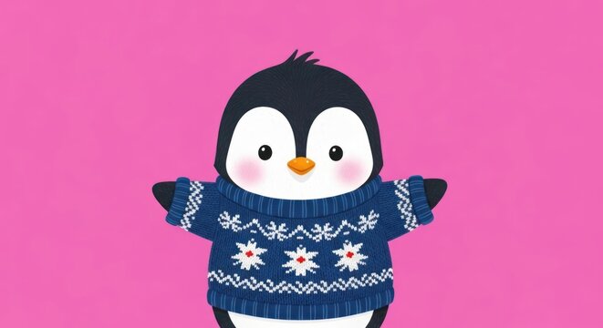 Cute winter penguin illustration with a cozy sweater against pink background creating a cheerful