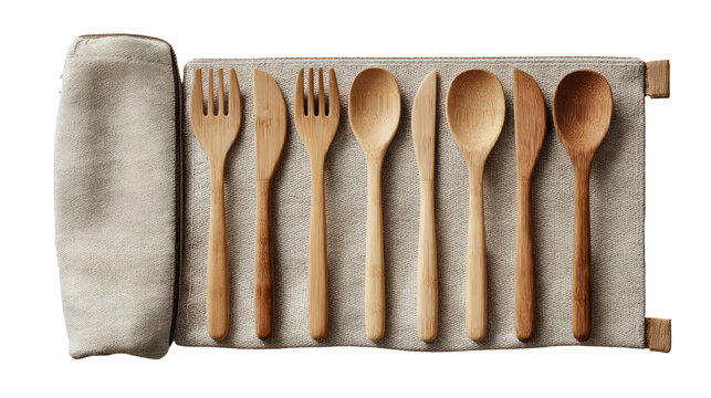 Set of wooden cutlery and napkin isolated on transparent background