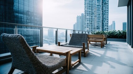 Obraz premium Modern City Balcony with Stylish Outdoor Furniture and Skyline View on a Sunny Day
