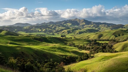 Fototapeta premium Rolling Green Hills and Mountains Landscape Under a Blue Sky with Clouds in New Zealand