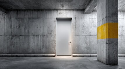 Obraz premium Minimalist Concrete Interior with White Door and Yellow Stripe for Safety and Industrial Design