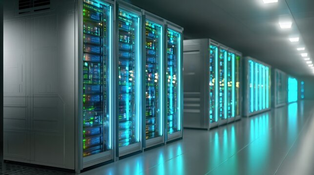 Data Center Servers in a Row: High-Tech Computer Network Infrastructure for Cloud Computing
