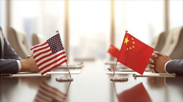 USA and China national flags on table, representing international collaboration and political discussions between countries