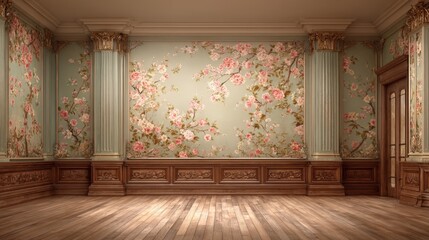 Obraz premium Elegant Interior with Floral Wallpaper, Classic Architecture, and Hardwood Flooring for Sophisticated Design Projects