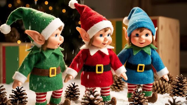 Three cheerful figurines of elves with festive attire