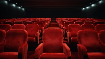 Obraz premium Empty Movie Theater Auditorium with Plush Red Seats Ready for Show Time Experience