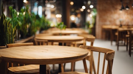 Obraz premium Inviting Cafe Interior with Wooden Tables and Chairs, Warm Lighting Creates an Ambient Atmosphere